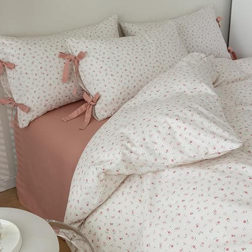 mixinni Boho Floral Comforter Sets Full Size Soft Fluffy Bed Set Green Leaves Dusty Rose Pattern on White Comforter Set, 3 Pieces Cute Floral Bedding Set with 2 Bow Tie Pillowcases for All Season - Full (80"x90") - C#bowknot-pink Flower thumbnail 3