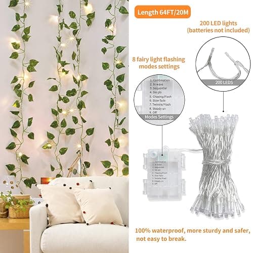 CEWOR 24 Pack 173ft Fake Ivy Vines, Artificial Ivy Garland with 200 LED String Lights, Hanging Plants Greenery Backdrop Green Leaves for Bedroom Room Wall Decor Wedding Party Table Decoration thumbnail 4