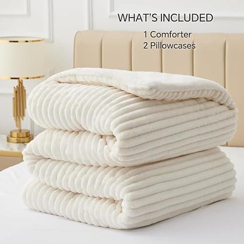 BEDELITE Fleece Queen Comforter Set -Super Soft & Warm Fluffy Cream White Bedding, Luxury Fuzzy Heavy Bed Set for Winter with 2 Pillow Cases thumbnail 6