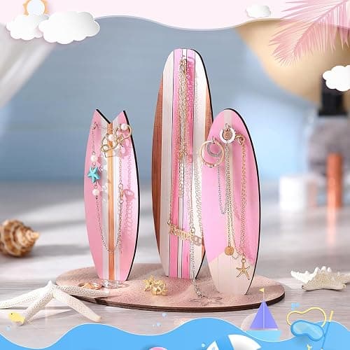 Wonderjune Jewelry Organizer Stand, Coastal Christmas Surfboard Decor, Preppy Beach Room Decor, Wooden Hawaii Surfer Gift, Teen Girl Room Decoration(Pink) thumbnail 5