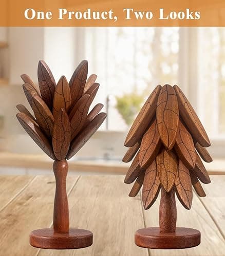 Tree Coasters, Wooden Trivets for Hot Dishes/Pot/Bowl/Teapot/Pans, Tree Shape Trivet Set - 4 Wooden Trivets + 1 Stand Stored, Kitchen Decor Gifts for Him/Her (Leaf Pattern - 4Pcs) thumbnail 4