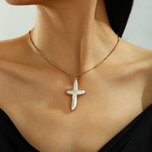 ALRNBY Pearl Cross Necklace for Women Freshwater Natural Chunky Baroque Pearl Necklaces Big 18K Gold Plated Cross Necklace Christian Gifts for Women Men Trendy Jewelry thumbnail 3
