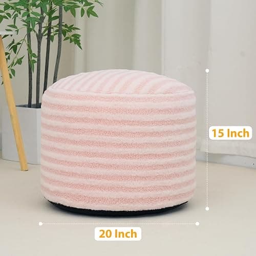 Round Pouf Ottoman Stuffed Foot Rest Stool, Floor Chair Poufs for Living Room Bedroom, Faux Fur Poufs with Foam Chunk Filling, Storage Ottoman Pouf 20 X 15 Inch Boho Poof for Couch, Pink & White thumbnail 2