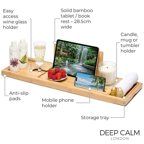 Deep Calm Bath Caddy – Foldable, Extendable Bath Tray Holds Book, iPad, Tablet, Phone, Wine Glass, Candle - Adjustable Bathtub Table – Luxury, Natural Bamboo Bath Shelf (Natural) thumbnail 3