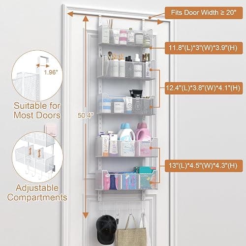 VyGrow Over The Door Organizer, Metal Door Organizer Hanging with 5 Adjustable Baskets and Coat Hook, Behind The Door Storage for Bedroom Closet Bathroom Pantry Cabinet Kitchen, White thumbnail 3