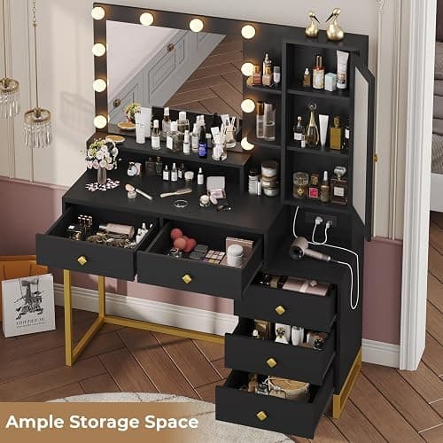 Tiptiper Large Makeup Vanity with Lights and Charging Station, Vanity Desk with Mirror and Lights, Vanity Table with Nightstand, Makeup Table with 5 Drawers & Storage Shelves, Black and Gold thumbnail 5