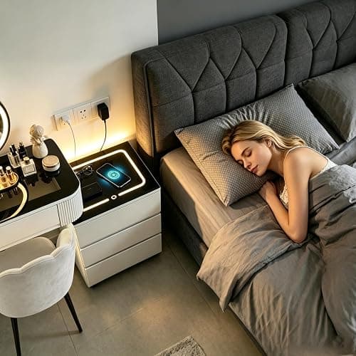 MJKCBD Moderne Coiffeuse avec Miroir à LED & 5 Tiroirs | 100cm Coiffeuse avec Table Transparente Lumineuse, 3 Couleurs, Parleur Bluetooth, Chargement Sans Fil / USB thumbnail 9