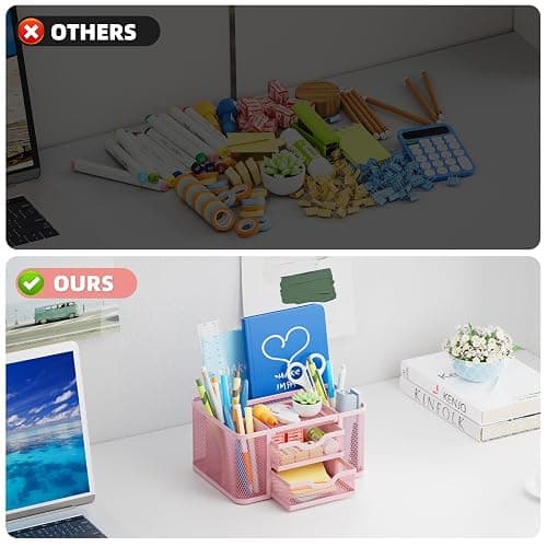 Marbrasse Mesh Desk Organizer, Pen Organizer with 2 Drawer, Multi-Functional Pencil Holder, Desk Organizers and Accessories with 5 Compartments + Drawer for Office Art Supplies (Pink) thumbnail 6