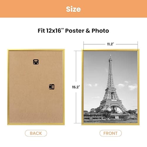 upsimples 12x16 Picture Frame Gold 3 Pack, Scratch-Proof Poster Frames 12 x 16 for Photo Gallery - Slide-In Strips, Horizontal or Vertical Wall Mounting thumbnail 3