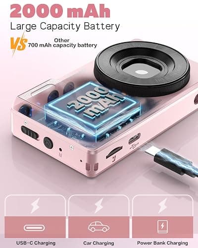 4K Digital Camera with Front Rear Lens, Autofocus and 32G Card, Metal Shell | Built-in 2000mAh Battery, Non-Slip Handle,64MP with Flash, 2.8" Screen, 18X Zoom for Beginner Teens Adult, Party,Travel, Pink thumbnail 4