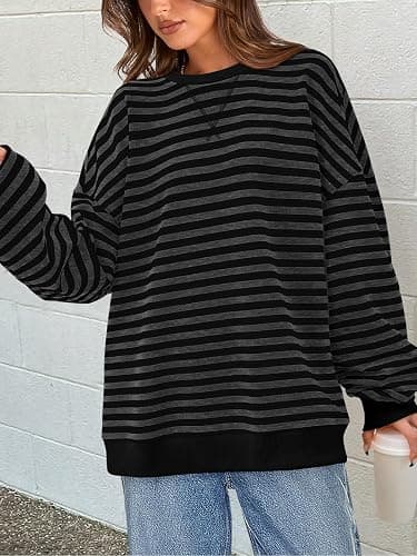 PRETTYGARDEN Womens Striped Oversized Sweatshirt Color Block Crew Neck Long Sleeve Casual Loose Pullover Top Y2K Clothes thumbnail 2