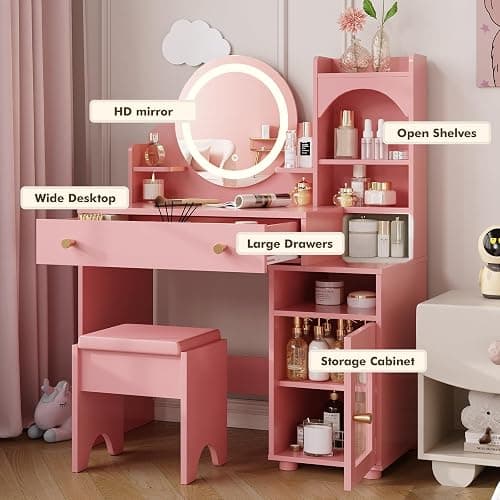 Vabches Kids Vanity Table and Chair Set, Toddler Dressing Table for 5-12 Year Old Little Girls, 2 in 1 Princess Makeup Vanity with Mirror & Lights, Wooden Pretend Play Vanity Desk, Pink thumbnail 4
