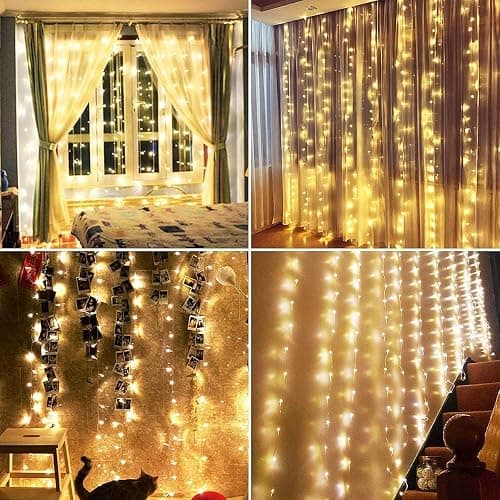 Unihoh Curtain Lights, Fairy Lights for Bedroom, 300 LEDs Warm White Twinkle Lights W/ 8 Modes USB Powered, Icicle String Lights W/ Remote & Timer for Indoor Xmas Party Patio Decoration(9.8 x 9.8 Ft) thumbnail 4
