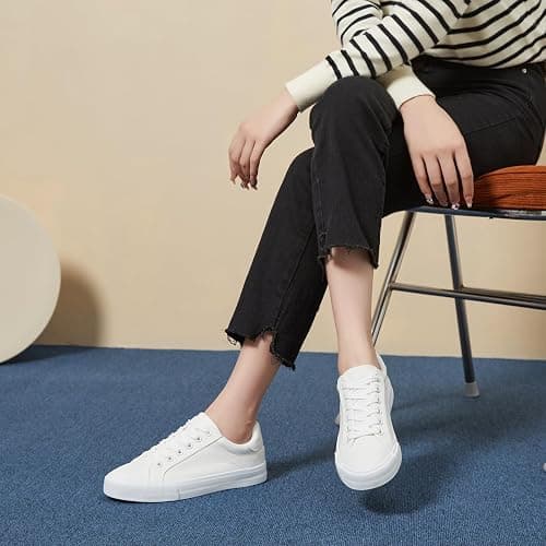 Witwatia White Canvas Sneakers for Women Lace-up Tennis Shoes Non-Slip Cozy Low Top Walking Shoes for Women thumbnail 3
