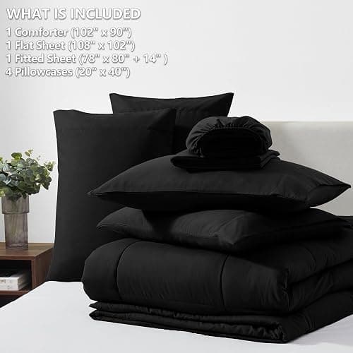 CozyLux King Size Comforter Set Black, 7 Pieces Bed in a Bag, Black Comforter King Size, All Season Bedding Sets with Stitch Quilted Comforter, Flat Sheet, Fitted Sheet, Pillowcases thumbnail 9