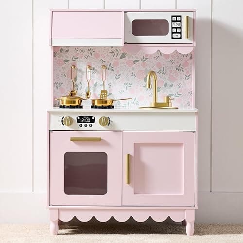 Best Choice Products Toddler Kitchen Playset, Wooden Cottage Kids Play Kitchen with 5 Accessories, Toy Storage, Scalloped Edge, and Pretend Play Microwave, Oven, Clicking Knobs - Pink - Image 1