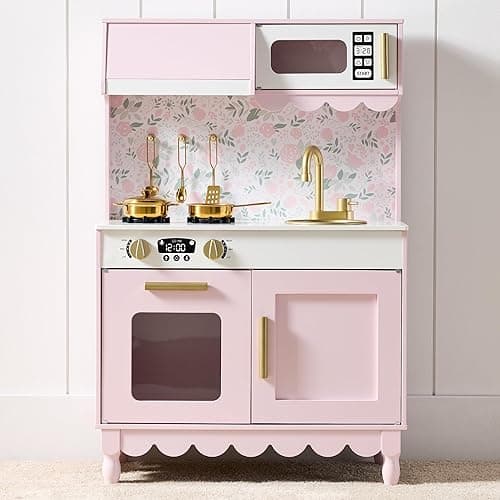 Best Choice Products Wooden Pretend Play Cottage Kitchen Kids Toy w/Storage, Scalloped Edge, 5 Accessories, Microwave, Oven, Clicking Knobs - Pink - Pink