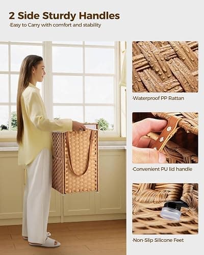 Greenstell Laundry Hamper with Wheels, No Install Needed, 110L Divided Handwoven Hampers & 2 Removable Liner Bags, Synthetic Rattan Clothes Laundry Basket with Lid & Handles, Foldable Hampers Natural thumbnail 6