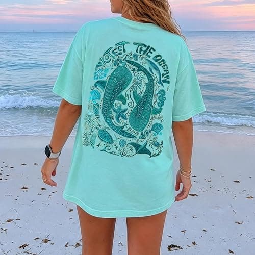 Women Teens Girl Oversized Graphic Shirts Short Sleeve Floral Baggy Tees Y2K Cute Aesthetic Summer Coastal Tops thumbnail 5