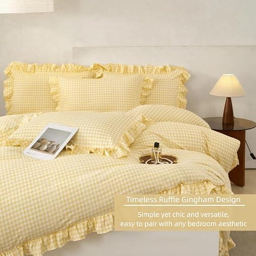 SUCSES Yellow Gingham Ruffle Comforter Set for Kids Twin 5 Pieces Ruffled Plaid Bedding for All Seasons Soft Lightweight Grid Printed Bed Comforter Sets (Yellow Gingham, Twin) thumbnail 3