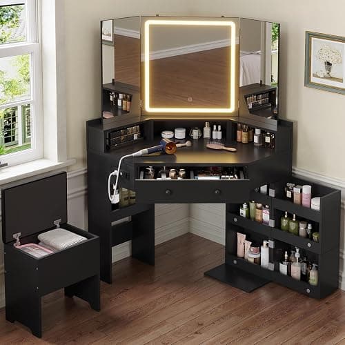 HAUOMS Corner Vanity Desk with Mirror Lights & Storage Bench, Black | Makeup Vanities with Drawers & Rotating Shelves, Power Outlet, 3 Light Settings, Dimmable for Women Girls - Image 1