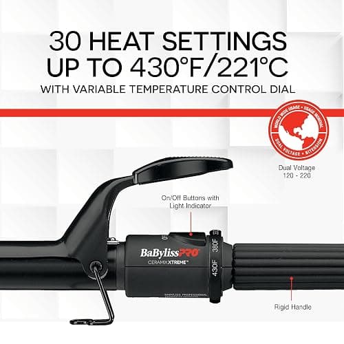 BaBylissPRO Ceramix Xtreme Dual Voltage Ceramic Curling Iron with Far Infrared Heat up to 430°F and Negative Ions, Spring Handle thumbnail 5