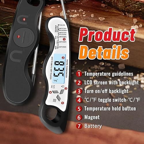 Meat Thermometer, IP67 Waterproof Digital Meat Thermometer with Backlight, Hold Function & Magnet for Grill, BBQ, Candy, Beef,Turkey thumbnail 4