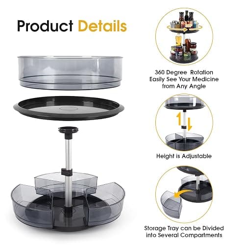 2 Tier Medicine Cabinet Organizer, Rotary Turntable Organizer for Medicine and Vitamin Bottles, Under Sink Organizer for Medicine, Bathroom Cabinet Storage, Tray has Removable Dividers, Easy Assembly thumbnail 3