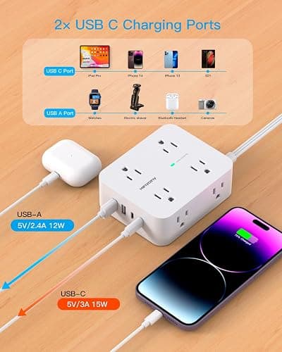Surge Protector Power Strip, HANYCONY Extension Cord with Multiple Outlets, 5 Ft Ultra Thin Flat Plug 8 Outlets 4 USB Ports(2USB C), 1080J Outlet Extender for Home Office College Dorm Room Essentials thumbnail 5