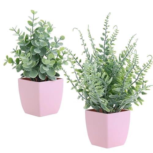 summer flower 2 Pack Small Fake Plants in Pink Pot Artificial Plant Eucalyptus Faux Potted Greenery Wheal Grass for Home Decor Indoor Bathroom Office Desk Shelf Bedroom Kitchen Cabinet Decorations - Image 1