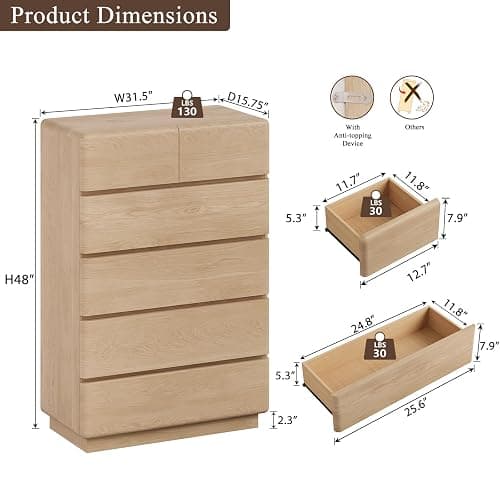 YANSNWO Natural 6 Drawer Dresser for Bedroom, 48" Tall Chest of Drawers | Curved Profile Design, Thickened Base, Handless design, Unique panel design, Bedroom, living room, and hallway storage thumbnail 2