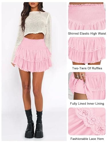 Pungdra Womens Casual Ruffle Mini Skirt Athletic Golf Tennis Skort Boho Tiered High Waist Layered Ruffle Flowy Short Skirts thumbnail 4
