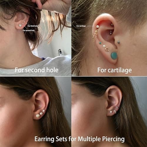 Dainty Flat Back Pearl Earrings for Women, 6 Pairs Flatback Pearl Earrings in 14K Gold Silver 3-8MM Studs Earring Sets for Multiple Piercing Hypoallergenic thumbnail 4