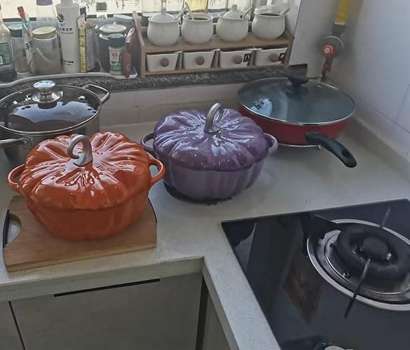 💜Cast Iron Pumpkin Cocotte - Dutch Oven Pot With Lid, Non Stick, Stew & Soup Pot, Serves 3-5, Halloween & Thanksgiving Decor Gift (Orange) thumbnail 8