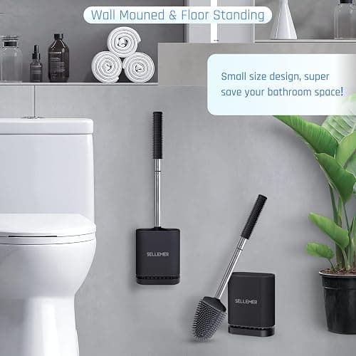 Sellemer Toilet Brush and Holder Set - Flexible Toilet Bowl Brush Head with Silicone Bristles, Compact Size for Storage and Organization, Ventilation Slots Base (2 Pack, Black) thumbnail 7