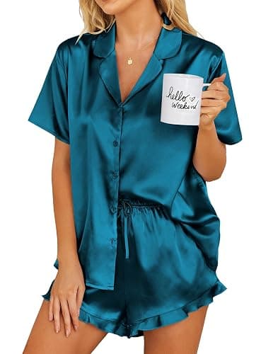 Ekouaer Womens Satin Pajamas Set Button Down 2 Piece Silk Pjs Shorts Set Ruffle Lingerie Notch Collar Sleepwear - Image 1