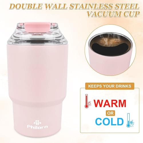 Philorn Coffee Cup Travel Mug, 14OZ/400ml Insulated Coffee Cup | with Double Wall, Reusable Coffee Cups with Lid & Straw, Pink Travel Cup for Hot and Cold Drinks thumbnail 5