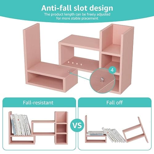 NUTIKAS Desk Shelves Desktop Orgnizer Shlef - Pink Office Organization for Top of Desk Organizers and Accessories Corner Bookshelf Table Top Shelving Small Hutch Decorations for Office thumbnail 8