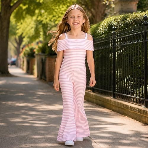 Girls 2 Piece Outfit Off Shoulder Fitted Striped Top & Flare Pants Set | Cute Summer Matching Clothes with Bell Bottom Pants, Casual Vacation Outfit for Tween Girls 7-14 Years thumbnail 2
