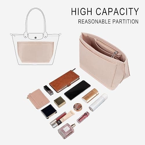 lumanothy Organizer per borse con tasca multipla, in feltro, per Longchamp, polene, borsa per la spesa, beige, M thumbnail 7