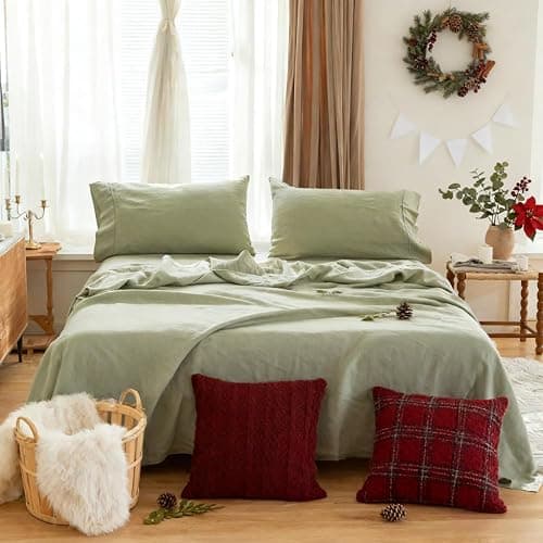 Simple&Opulence 100% French Linen Sheet Set Breathable Durable for Hot Sleepers Bedding 4 pcs - 1 Flat Sheet,1 Fitted Sheet,2 Pillowcases with Hemstitch Lace Embroidery Design (Sage Green, Queen) thumbnail 2