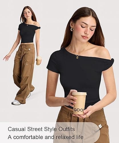 Curvphilo Women Summer Off Shoulder Tops Y2K Going Out T Shirts Double Lined Crop Top Fashion Clothes Trendy Outfits thumbnail 6