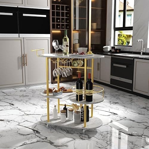 PAUKIN Gold Bar Carts with 4-Tier Storage Shelves, Mobile Bar Serving Cart with Wine Rack and Glass Holder, for The Home, Kitchen, Living Room, Dining Room thumbnail 9