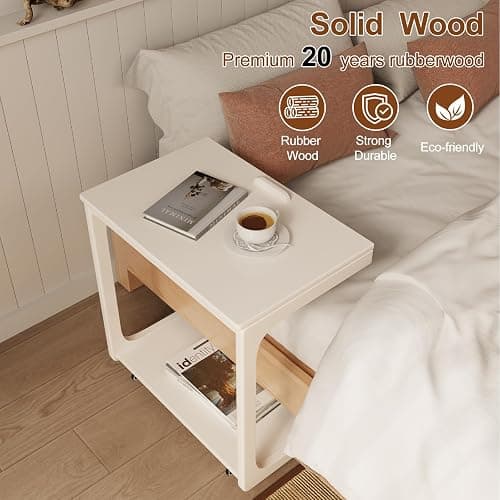 AQIMUELE Wooden C-Shaped End Table,Couch Table with Adjustable Desktop,Small Rolling Side Table with 2 Lockable Wheels 23.36" Width,Small End Table for Couch, Living Room,Bedroom (White) - 15.6"D x 23.6"W x 24.8"H - Modern 2 Tier - White thumbnail 7