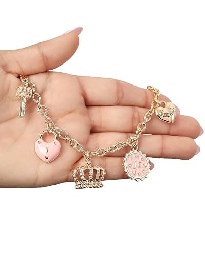 Juicy Couture Charm Necklace for Women, 16-18"+2" Gold-Tone Necklace Juicy Logo Charms with Pink Enamel and Clear Crystals thumbnail 3