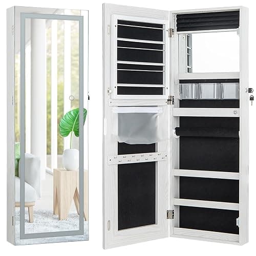 CHARMAID LED Mirror Jewelry Cabinet, Lockable Jewelry Armoire with Adjustable Lighted Full Length Mirror, 3 Lighting Sets, Wall Mounted Door Hanging Jewelry Storage Organizer (Grayish White, 42.5''H) thumbnail 9