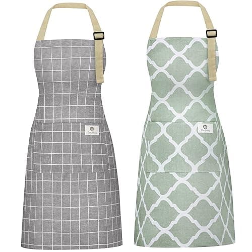 Riqiaqia 2 Pieces Aprons for Women with Pockets, Cotton Linen Waterproof Kitchen Cooking Aprons, Chef Apronfor Men Women with Adjustable Neck Strap and Long Ties(Grey/Green) - Grey/Green