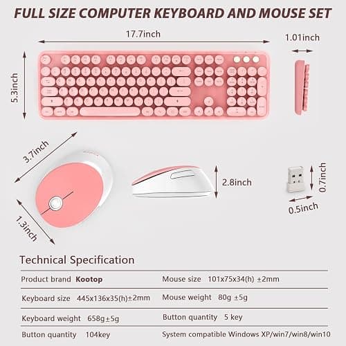 Kootop Wireless Keyboard, Cute Colorful 104 Keys Typewriter Retro Round Keycaps Keyboard for PC Laptop,Desktop,Windows, Home and Office Keyboards (Pink) thumbnail 9