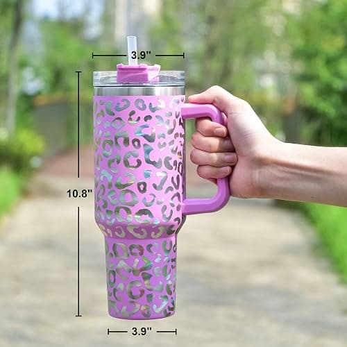 FECBK 40 oz Tumbler with Handle and Straw, 100% Leak-Proof Travel Mug, Stainless Steel Double Wall Vacuum Insulated Coffee Cup Keeps Cold For 34 Hours, Full Black Leopard thumbnail 3