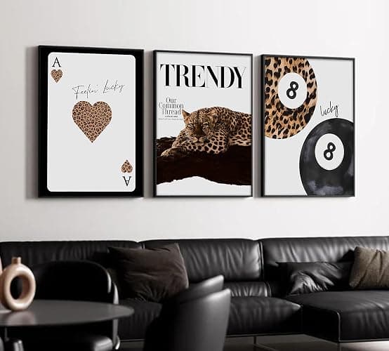 Set of 3 Black Leopard Print Wall Art Funky Lucky 8 Ball Poster Prints Preppy Room Aesthetic Cheetah Pictures Wall Decor for Girls Bedroom Apartment Dorm Home Decoration Unframed 12x16in thumbnail 8